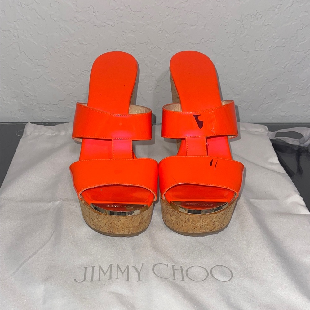 Jimmy Choo Bold Orange Patent Platform Heels Size 38